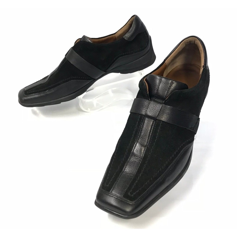HOGL Black Leather Suede Mixed Media Square Toe Slip On Loafers Shoes Womens 5.5